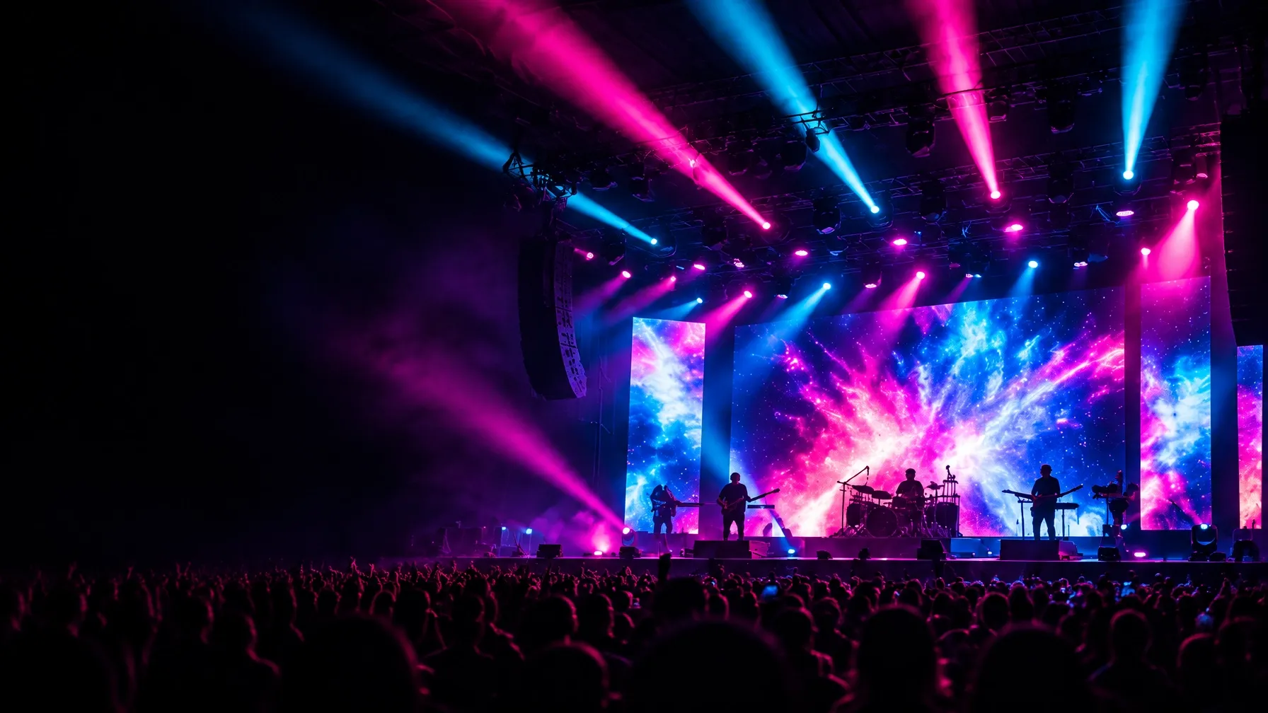 Concert stage with a large LED wall and vivid magenta and cyan lighting