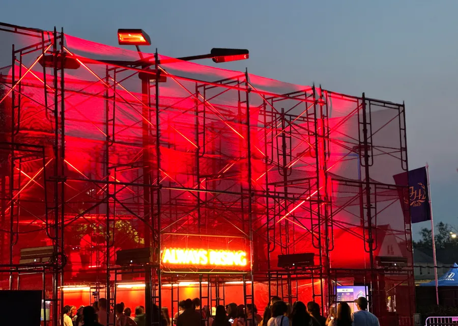 Outdoor event structure illuminated in red
